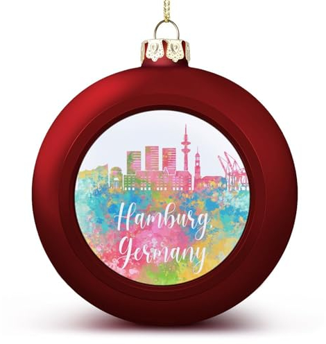 Yelolyio Deutschland Hamburg Regenbogen Skyline Weihnachtskugel Ornament Stadt Wolkenkratzer Gebäude Silhouetten Weihnachtsbaum Anhänger Hängend Saisonale Urlaub Dekoration für Zuhause Bauernhaus