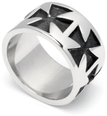 Schmuck-Checker großer Bikerring mit Eisernen Kreuzen aus Edelstahl breiter Bandring silber schwarz Iron Crosses Herren Geschenk