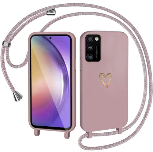 CaseLover Handyband für Samsung Galaxy A41 Hülle mit Band, Herz Muster Silikon Necklace Handyhülle mit Abnehmbar Kordel zum Umhängen Stossfest Bumper Handy Schutzhülle für Samsung Galaxy A41, Pink