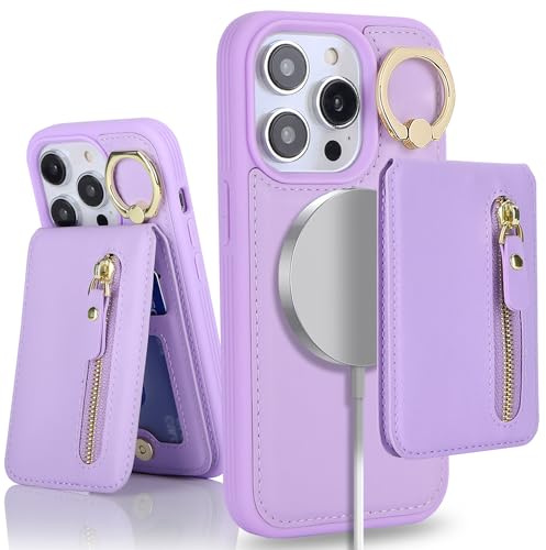 SailorTech iPhone 13 Pro Phone Leather Case with Credit Card Holder Magsafe, iPhone 13 Pro Case Ring Stand with Kickstand Card Slots Wallet Detachable 2-in-1 Zipper Case - Purple