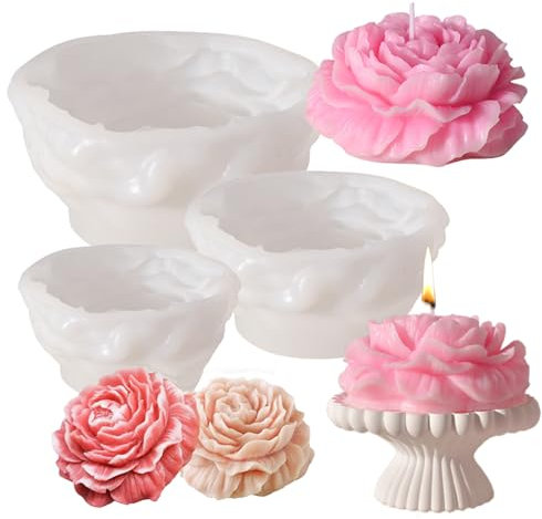 JS MOLD Groß Pfingstrose Silikonform,3 Stück Silikon-Kerzenformen-Set,3D DIY Silikonform Kerzen Gießen Formen,Lebensmittelqualität Kerzenform für Duftkerze, Seife, Kuchendekoration