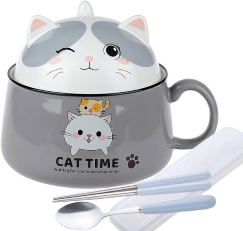Becailyer Ramen Bowl with Lid, Cute Cat Instant Noodle Bowl, 34.5 OZ Microwave Ramen Cooker with Chopsticks & Spoon, Bowl with Handle for Salad Soup Vegetable Fruit Pasta Dessert Cereal(Grey)