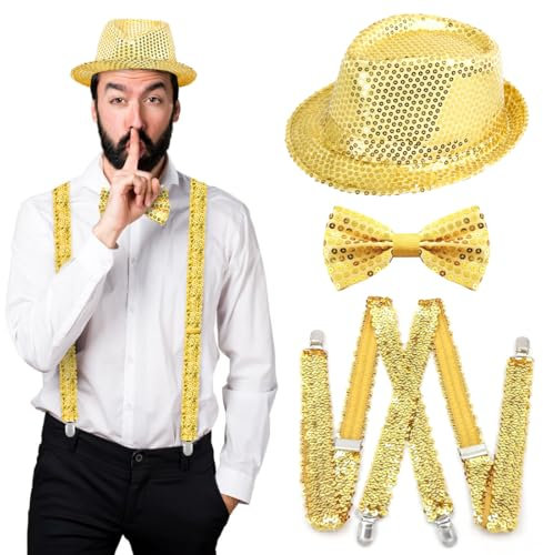 Meleager Disco Karneval Outfit Herren Accessories, Pailletten Hut Gold Set mit Glitzer Fliege und Hosenträger, Glitzer Outfit für Fasching Party,Jazz Dance Performence