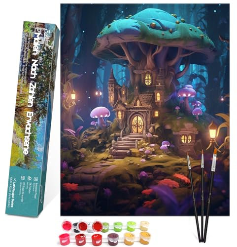 Bougimal Peinture par Numéros pour Adulte, avec Pinceaux et Acryliques Bricolage Peintures Kits pour Enfants/Débutants, Toile 40×50 cm, Maison Champignon 2.