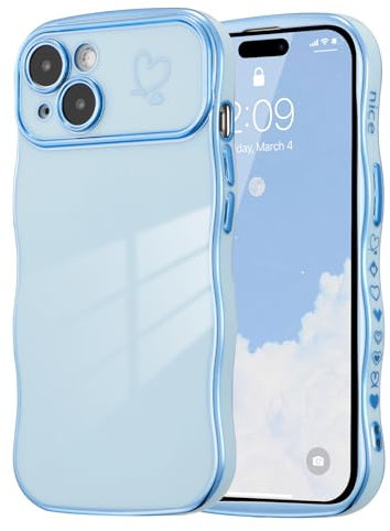 ZTOFERA Compatible with iPhone 15 Plus (6.7) Case for Girls Women, Cute Curly Wave Frame Shape Soft Silicone Case with Heart Pattern Camera Protection Plating Edging Shockproof Cover, Sierra Blue