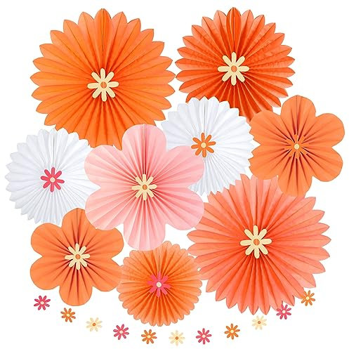 SUNBEAUTY 9 Stück Papier Fächer Dekoration Hanging Gänseblümchen Girlande Rosa Orange Weiß Blume Party Dekorationen für Hochzeit Geburtstag Tischdeko Classroom Baby Shower Backdrop Garland