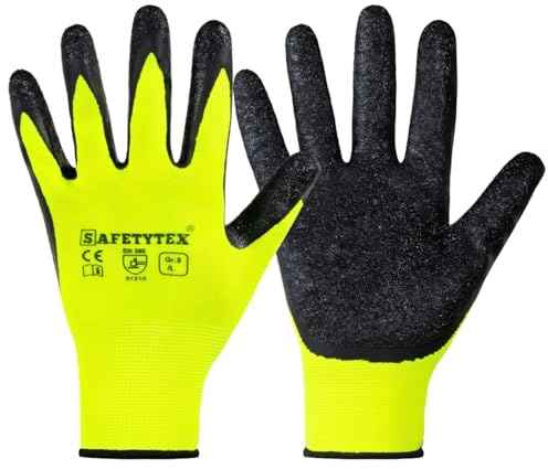 Safetytex Arbeitshandschuhe Latex Beschichtung neongelb Größe 7/24 Paar | Montagehandschuhe, Schutzhandschuhe für Haus, Garten, Industrie, Handwerk, atmungsaktiv, sicherer Griff