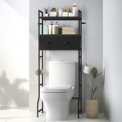 smusei Étagère de toilettes, vintage, pour machine à laver, avec tiroirs en tissu non tissé, peu encombrante, pour toilettes, salle de bain, espace de rangement, etc., 65 x 161,5 x 20 cm, noire