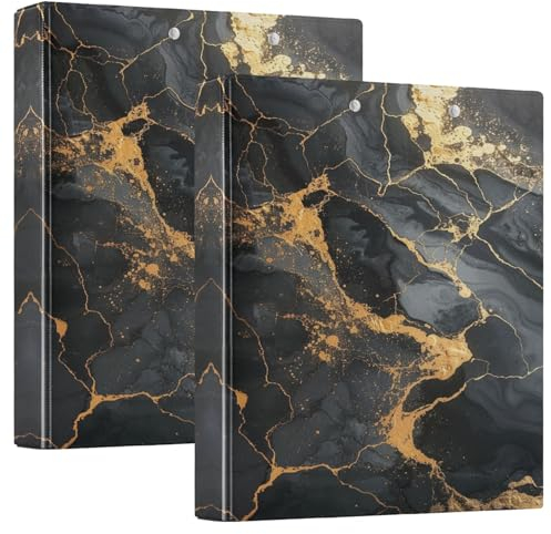 Ordner mit 3 Ringen, 3 Ringe, goldfarben und schwarz, Marmor, 3 Ringe, hält 200 Blatt, Basisbuch, Notizbuch für Schulbedarf, 2 Stück