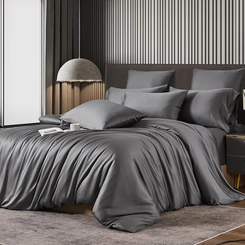 Luowei Bambus Bettwäsche 135x200 cm Grau Kühlend & Atmungsaktiv Sommer Bettwäsche Set 100% Bambus Lyocell Weich Oeko-TEX Zertifiziert Bettbezug mit Reißverschluss und 1 Kissenbezug 80x80 cm
