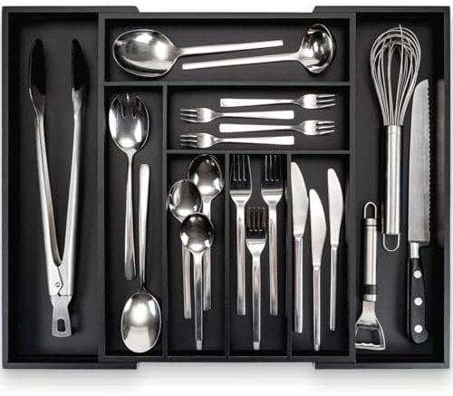 budu Range-couverts #43 (profondeur 43 cm) en bambou – Noir - Système de rangement des tiroirs pour la cuisine – Range-couverts pour tiroirs en bambou – Extensible – Organiseur de cuisine…