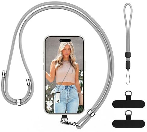 COSASES Phone Lanyard - Crossbody & Wrist Strap with 2 Durable Patches for Neck Strap Phone Chain - Grey