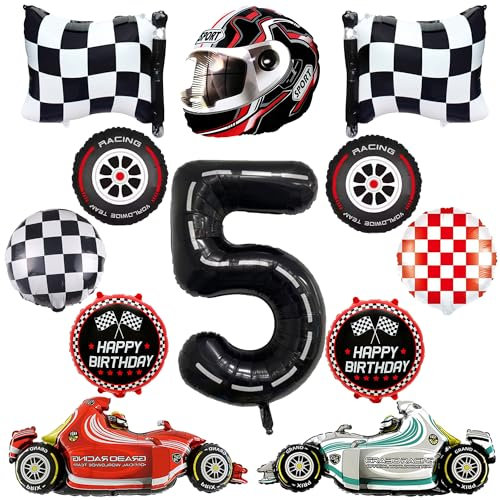 Auto 5. Geburtstagsdeko Luftballon Set - 12 Stück Rennwagen 5. Geburtstag Folienballons Dekoration mit Racing Cars Folienballons, Happy Birthday Ballon, Cars Themen Party Dekoration für 5 Jahre Junge