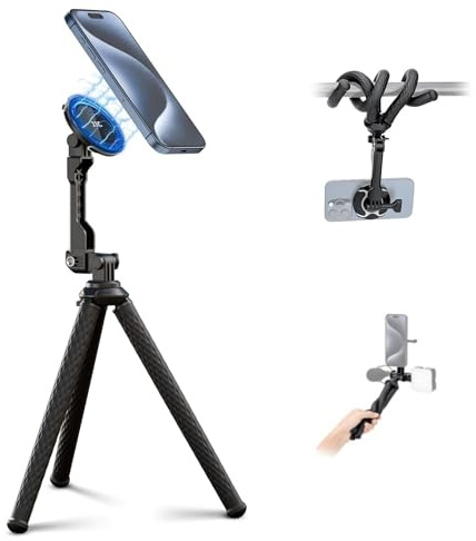 JJC Trépied magnétique flexible pour iPhone, trépied pliable en forme de pieuvre avec vis de 6,35 mm et support GoPro, compatible avec iPhone, téléphone Android, appareil photo numérique GoPro pour