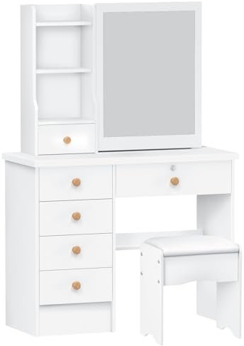 ehozirta Dressing Table, Vanity Desk with Sliding Mirror, Bedroom Dressing Table, Makeup Desk with 6 Drawers, Open Shelves, Hidden Storage Space White