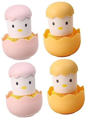 Healvian 4pcs Dish Scrub Cartoon Chicken Pot Brush Removable Eggshell Scrubber for Kitchen