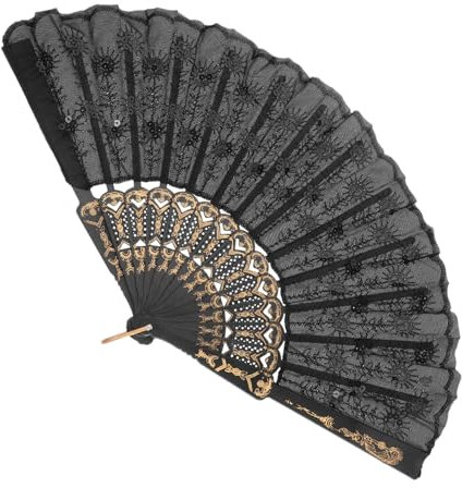 Garneck Sequin Fan Large Hand Fan Lace Fans for Tea Party African Hand Fan Great Ostrich Fan Large Folding Hand Rave Fan Embroidered Fan Hand Lace Foldable Fans Vintage Hand Fan Pvc Black