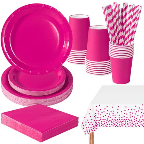 PYAILI 121 Piezas Rojo Rosa Vajilla Fiesta Cumpleaños, Platos y Vaso Cumpleaños Infantil, Set de Party Decoración Platos Servilletas para Navidad, Barbacoas, Fiestas -24 Invitado