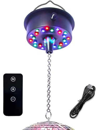 Remote Control Disco Ball Rotating Motor with Chain 5RPM-10RPM Adjustable Speed,Plug/Battery Powered Mirror Ball Motor with 24 LED Beads Suit for 6 8 12 Inch Disco Ball (Not Included)