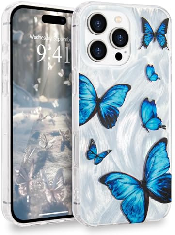 L-FADNUT for iPhone 16 Pro Case Glitter Butterfly for Women, Blue | Sparkly Silver Cute Butterfly Pattern Phone Case for Girls, Trendy Shiny Slim TPU Protective Anti-scratch Aesthetic Cover