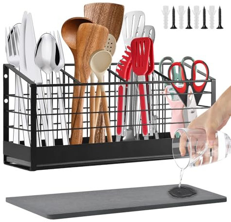 Yiomxhi Porte-ustensiles de Cuisine, 4 Compartiments Porte-Couverts avec Base en Diatomite, Organiseur d’ustensiles pour Comptoir ou Mural, Grand Rangement d'outils de Cuisine, Noir
