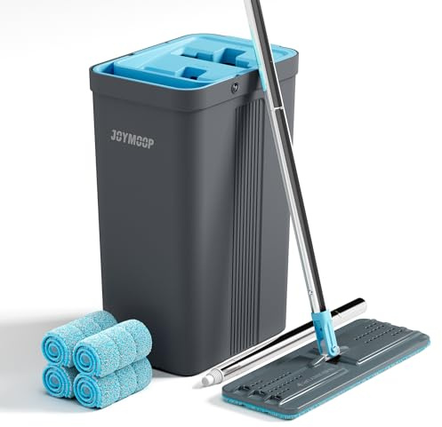 JOYMOOP Wischmopp- und Eimer-Set mit Auswringer, Wischmopps für Bodenreinigung, Wandwischerreiniger mit langem Griff, mit 4 wiederverwendbaren Mikrofaser-Mopp-Pads – Grau + Cyanblau