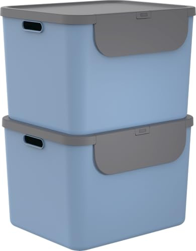 Rotho Albula Mülleimer Küche 2er-Set 2 x 55 L stapelbar Blau/Anthrazit | Mülltrennsystem Küche mit zwei 55-L-Behältern, Frontklappe, breite Öffnung, stapelbar, Tragegriffe bis 30 kg, 6 Aufkleber