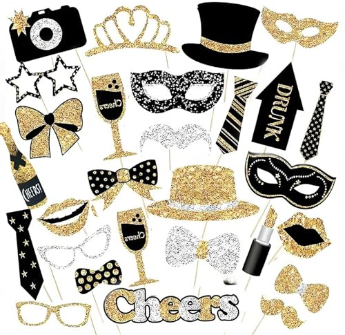 30 Pcs Party Photo Booth Props Kit, Assorted Photobooth Props (Like Hats Tie Props) for Birthday,New Years Eve Celebrations Marriage and Family Gathering Events New Years Eve Decorations