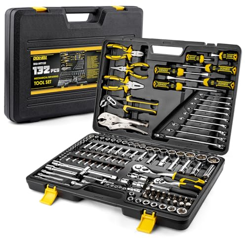 DOWELL Werkzeugsatz 132 Stück, Professional Auto Mechanics Hand Tool Kit, All-in-One für Auto-, Motorrad-, Motor- und Garagereparaturen mit Steckdosen