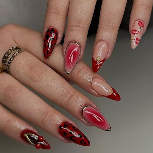 Valentines French Tip Handmade Press on Nails Medium Almond False Nails with Golden Beads Leopard Print Designs Red Lips Cherry Fake Nails Red Glossy Acrylic on Nails for Women Girls Manicure 30Pcs