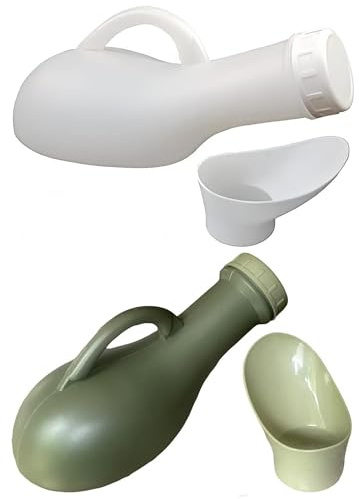 ASPIRE UK Pack of 2 White & Green Portable Urinal Bottle with Female Funnel Leakproof Reusable Urine Bottle with Handle Unisex Toilet Aid for Men & Women Travel Friendly