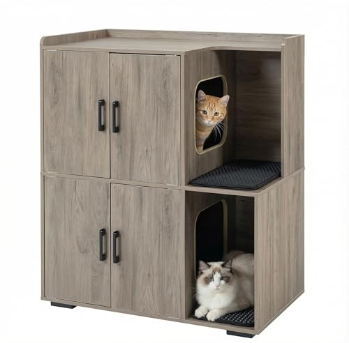 Hyaapwod Katzenklo Schrank mit Zwei Katzenstreu-Matten, Greige | Katzentoilette Schrank Zweistöckiger, Katzenklo Haus, Katzenhöhle Holz, für 2 Katzen, 80 x 46.5 x 91.5 cm