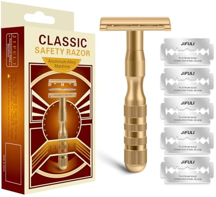 JiFULI Rasierhobel Herren, Set mit 5 Rasierklingen, Aluminium-Rasiergriff mit zweiseitigem Klingenkopf，Rasierer Herren Intimbereich Intim Body Männer Konturen Nass Körper Barber (Bronzefarbe)