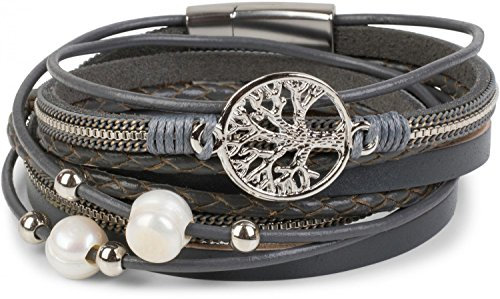 styleBREAKER Wickelarmband mit Perlen, Ketten, Flechtelement und Lebensbaum Anhänger, Magnetverschluss, Armband, Damen 05040070, Farbe:Dunkelgrau