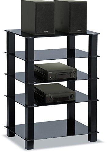 Centurion Supports TRINITY Gloss Black 5 Shelf with Black Legs Flat Screen TV Rack Glass Stand