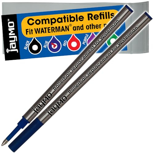 Jaymo Replacement for Waterman 540961 - Measures 4.3 in / 109 mm Long - Rollerball Pen Refill - 2 Blue