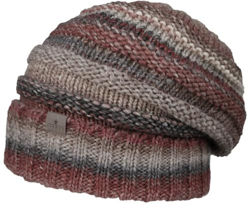 LIERYS Bernardo Oversize Strickmütze Damen/Herren (26 cm lang) - Made in Germany - Wintermütze aus Schurwolle - Long Beanie in One Size 55-63 cm - Mütze mit Umschlag - Winter grau-rot One Size