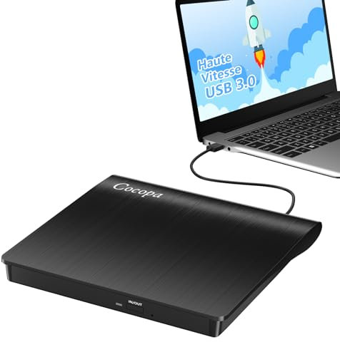 Cocopa Lecteur CD/DVD Externe pour PC, USB 3.0 Graveur Enregistreur Portable RW/ROM Mince Transmission Rapide Câble USB Intégrée Windows/Mac OS Apple/iMac/Macbook/Laptop/Desktops/PC Noi