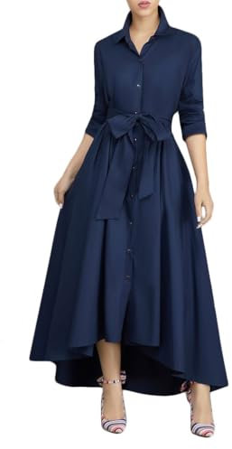 VERWIN Women Long Sleeve Loose Elegant Maxi Dress Button Down Up Shirt Long Dress with Pockets and Belts Blue L