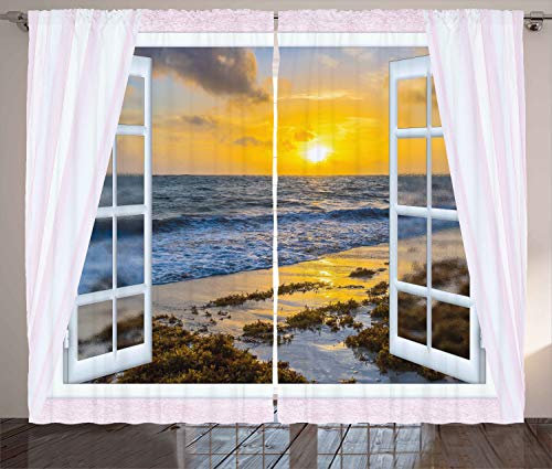 ABAKUHAUS Küsten Rustikaler Gardine, Open Window Sonnenaufgang Meer, Schlafzimmer Kräuselband Vorhang mit Schlaufen und Haken, 280 x 245 cm, Gelb Blau