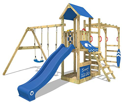 WICKEY Wooden climbing frame Smart Dock with swing set & red slide, Outdoor kids playhouse with sandpit, climbing ladder & play-accessories for the garden