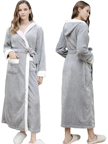 Oksun Dressing Gown Full Length Hooded Robe Plus Size Fleece Winter Warm Soft Bathrobe, 1915-light Grey, UK14-20(label XL)
