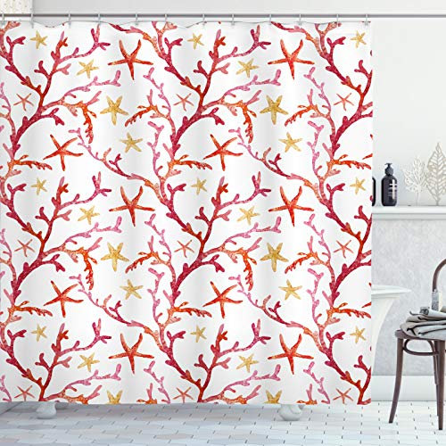 ABAKUHAUS Nautisch Duschvorhang, Korallen Krabben Muscheln Meer, Stoffliches Gewebe Badezimmerdekorationsset mit Haken, 175 x 200 cm, Weiß und Mehrfarbig