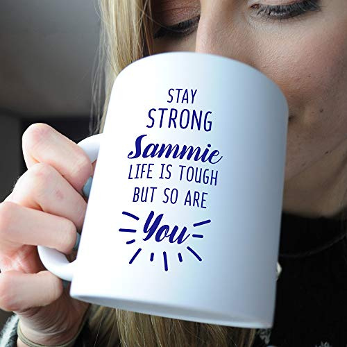 eBuyGB Personalised White Reveal Coffee Cup, Stay Strong Mug, 'Life is Tough But So are You', 350ml Ceramic Mug, Inspirational Quote - Custom Name (Blue)