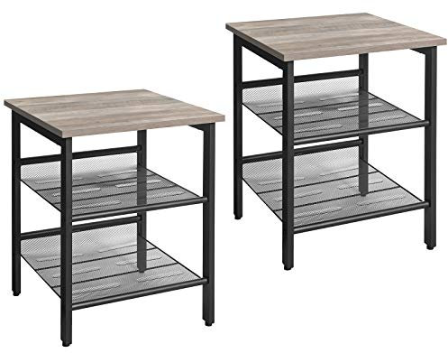 VASAGLE Nachttische, Beistelltisch-Set, 2er-Set Sofatische, kleine Couchtische mit verstellbaren Gitterablagen, Wohnzimmer, Schlafzimmer, Flur, stabil, Industrie-Design, Greige-schwarz LET024B02