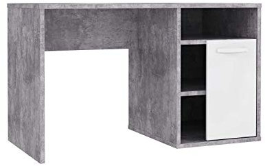 FORTE Canmore Schreibtisch mit 1 Tür, Holzwerkstoff, Betonoptik Lichtgrau / Weiß Hochglanz, 74 x 120 x 60 cm