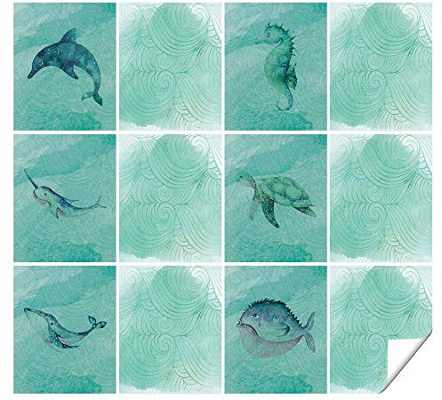 GRAZDesign Fliesenaufkleber Bad Fische Fliesenfolie für Badfliesen Klebefliesen glänzend - Fische mit Grün Muster
