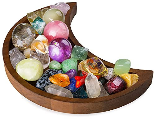Bandeja en Forma de Luna - Muestra Tus Cristales y Piedras curativas - 25.4 x 12.7 cm Soporte de Cristal y Piedra Cuenco de Madera Decorativo - Plato para Joyas - Crescent Moon Tray Crystal Holder