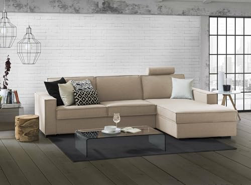 Talamo Italia - Schlafsofa mit Halbinsel Adela, drehbares Sofa zum Öffnen, Aufbewahrungshalbinsel rechts, Standardarmlehnen, 100 % Made in Italy, 280 x 95 x 90 cm, Beige
