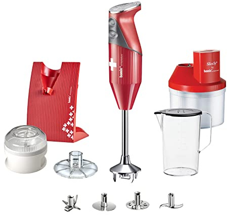 bamix M200 Superbox Hand Blender Set with Multi-Function Knife, 4 Mouths, Processor, Powder Disc, Cup, SlicySy, 200 W, 2 Levels, Stainless Steel, Swiss Made, Red
